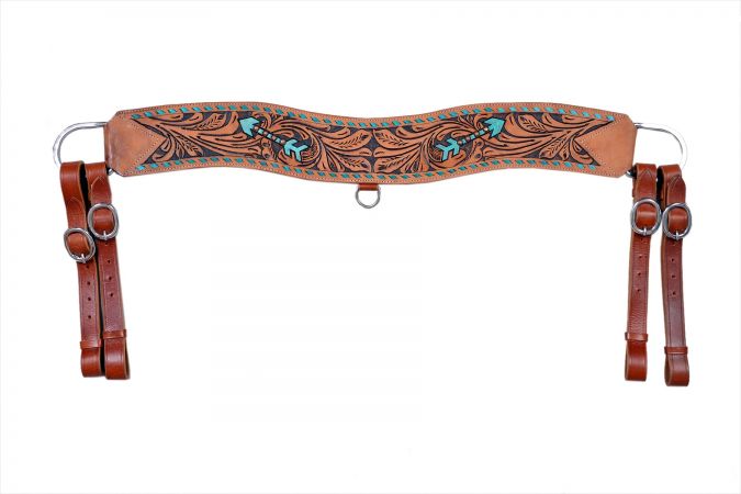 Showman Floral tooled leather tripping collar with teal buckstitch and arrow design